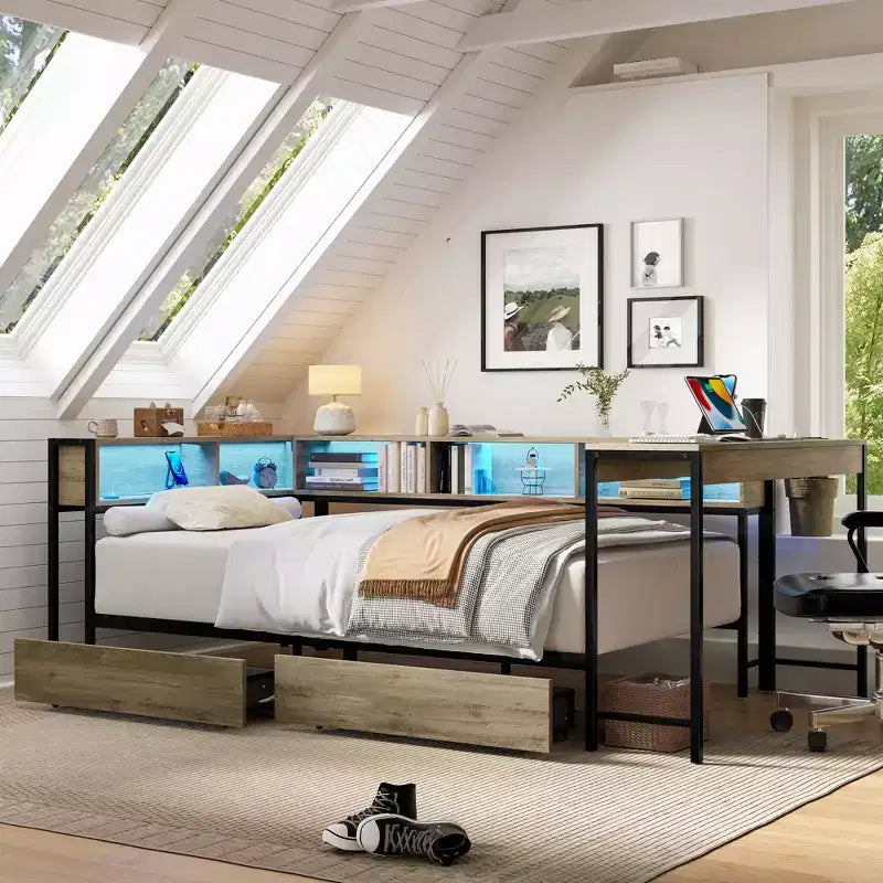 Struttura letto angolare moderna Kelsen con libreria e 2 cassetti portaoggetti sottoletto