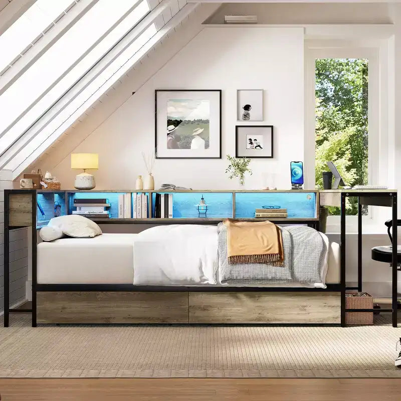 Struttura letto angolare moderna Kelsen con libreria e 2 cassetti portaoggetti sottoletto