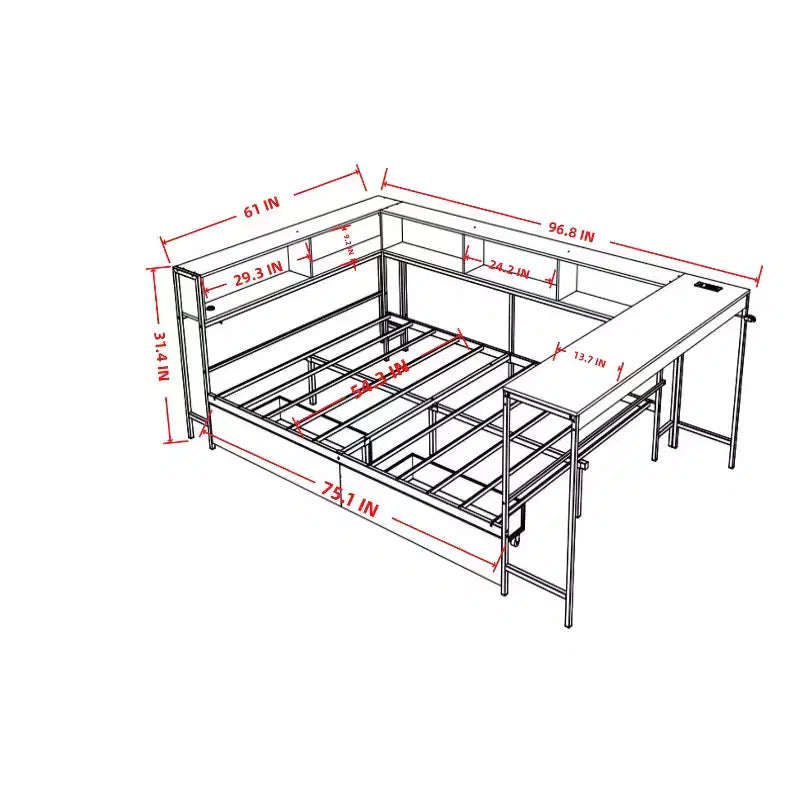 Struttura letto angolare moderna Kelsen con libreria e 2 cassetti portaoggetti sottoletto