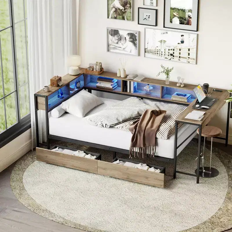 Struttura letto angolare moderna Kelsen con libreria e 2 cassetti portaoggetti sottoletto