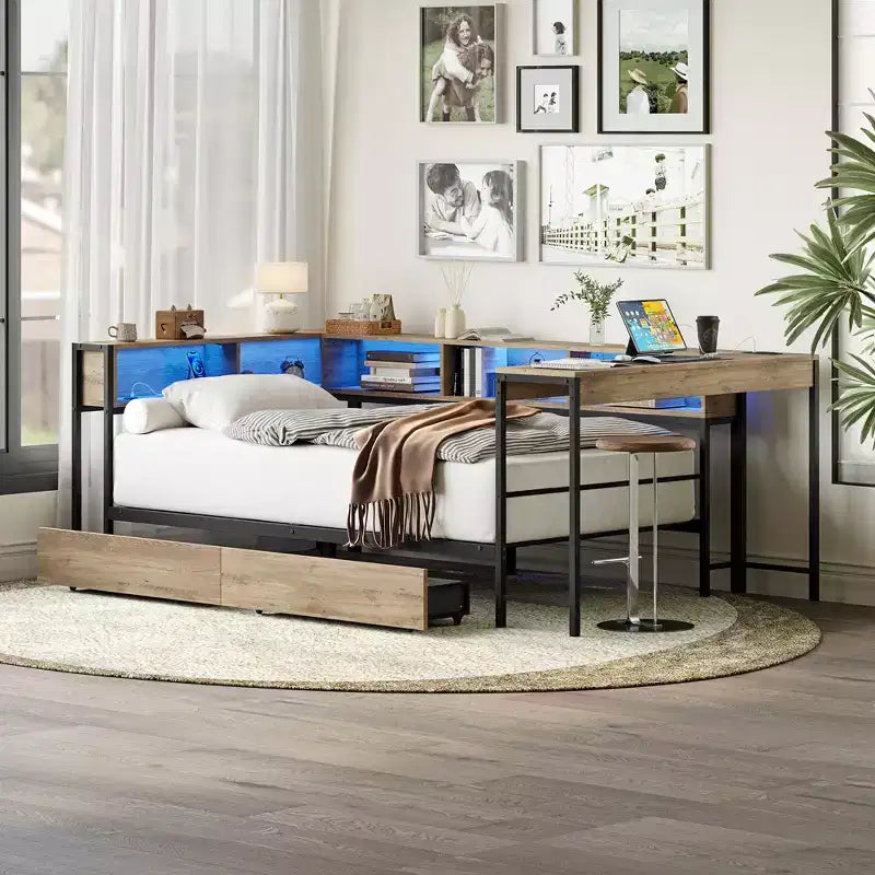 Struttura letto angolare moderna Kelsen con libreria e 2 cassetti portaoggetti sottoletto