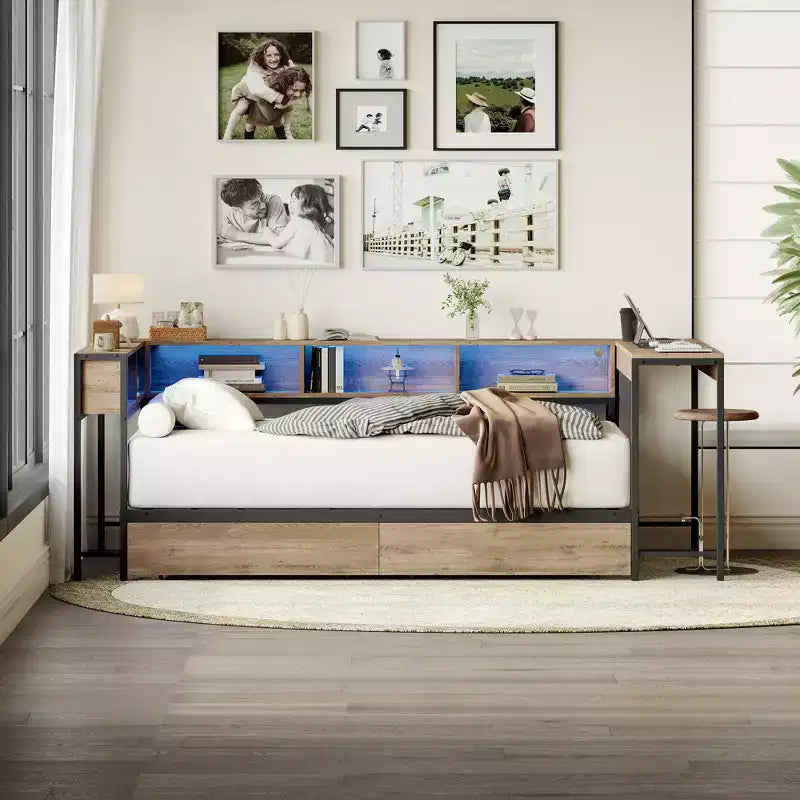 Struttura letto angolare moderna Kelsen con libreria e 2 cassetti portaoggetti sottoletto