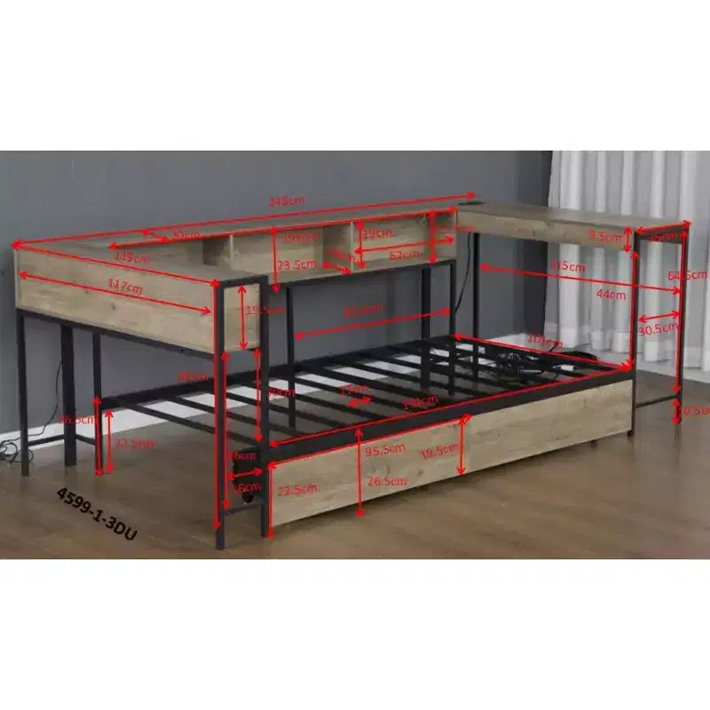 Struttura letto angolare moderna Kelsen con libreria e 2 cassetti portaoggetti sottoletto