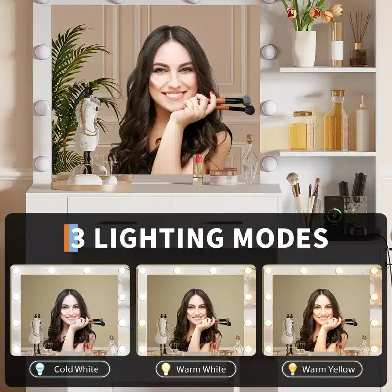 Specchio a 10 lampadine | Prese incorporate Grande toletta da 104 cm con specchio e 3 modalità di illuminazione a colori - Scrivania per il trucco con sgabello e 5 cassetti per la camera da letto