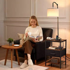Lampada da terra con tavolo, tavolino a 3 livelli con cassetto e illuminazione a 3 temperature di colore, moderno comodino laterale con USB, marrone e nero
