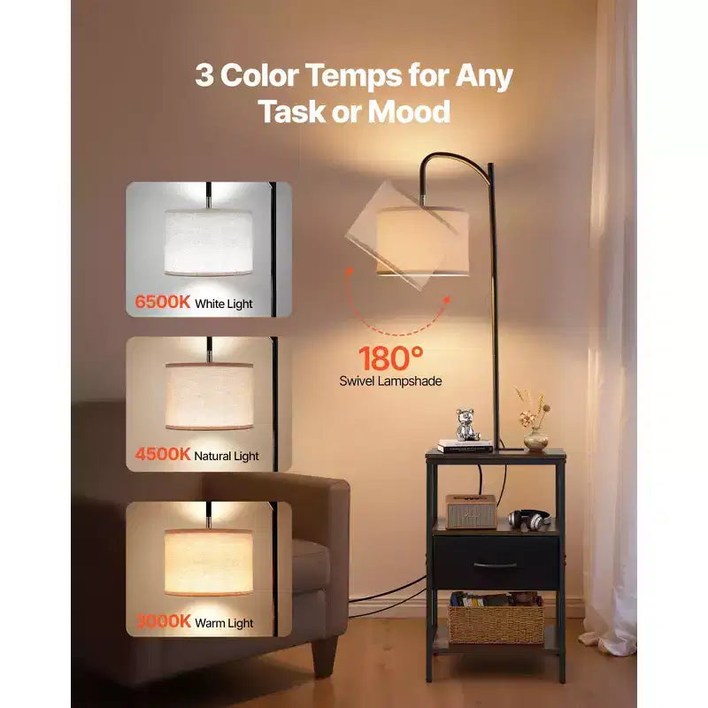Lampada da terra con tavolo, tavolino a 3 livelli con cassetto e illuminazione a 3 temperature di colore, moderno comodino laterale con USB, marrone e nero
