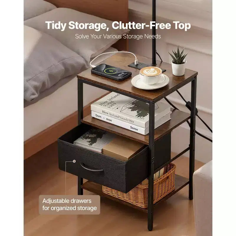 Lampada da terra con tavolo, tavolino a 3 livelli con cassetto e illuminazione a 3 temperature di colore, moderno comodino laterale con USB, marrone e nero