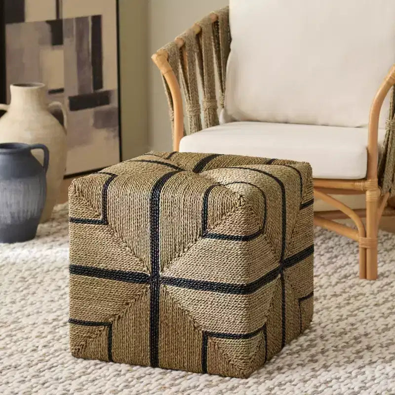 Pouf in seagrass intrecciato Liatasha - Naturale/Nero
