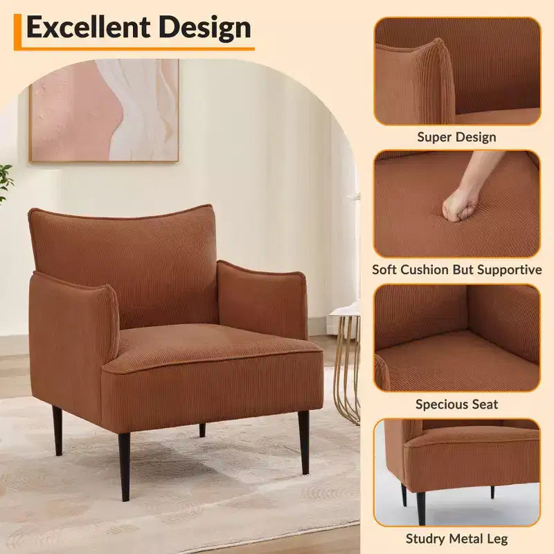 Poltrona di design di metà secolo, poltrona da soggiorno, poltrona moderna in tessuto, divanetto con due braccioli e gambe in metallo per camera da letto, ufficio, studio
