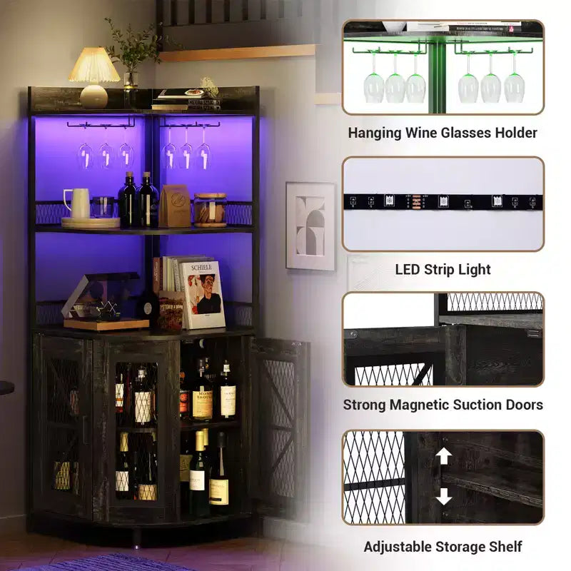 Mobile bar angolare a 5 ripiani con presa di corrente, cantinetta alta in stile industriale con luci LED, portabicchieri, contenitore, per soggiorno/cucina