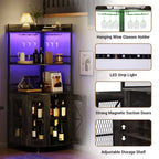 Mobile bar angolare a 5 ripiani con presa di corrente, cantinetta alta in stile industriale con luci LED, portabicchieri, contenitore, per soggiorno/cucina