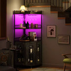 Mobile bar angolare a 5 ripiani con presa di corrente, cantinetta alta in stile industriale con luci LED, portabicchieri, contenitore, per soggiorno/cucina