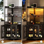 Mobile bar angolare a 5 ripiani con presa di corrente, cantinetta alta in stile industriale con luci LED, portabicchieri, contenitore, per soggiorno/cucina
