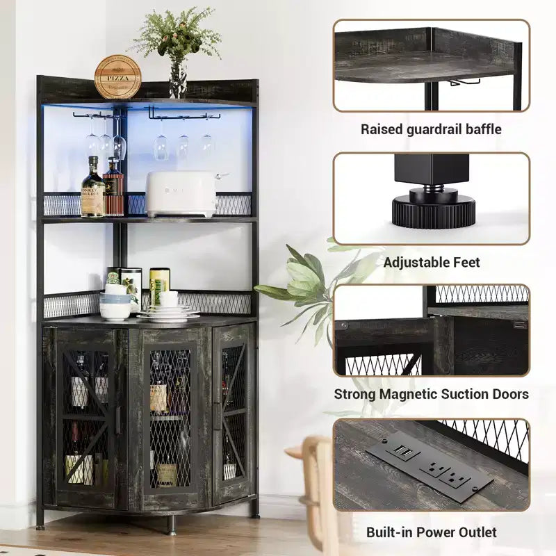 Mobile bar angolare a 5 ripiani con presa di corrente, cantinetta alta in stile industriale con luci LED, portabicchieri, contenitore, per soggiorno/cucina