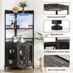 Mobile bar angolare a 5 ripiani con presa di corrente, cantinetta alta in stile industriale con luci LED, portabicchieri, contenitore, per soggiorno/cucina