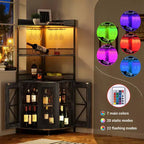Mobile bar angolare a 5 ripiani con presa di corrente, cantinetta alta in stile industriale con luci LED, portabicchieri, contenitore, per soggiorno/cucina