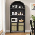 70 Arched Rattan Storage Cabinet, Boho Sideboard with Adjustable Shelves, Tall Pantry Cabinet, Black