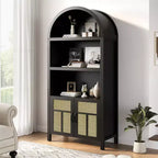 Mobile contenitore alto in rattan con arco da 70", credenza bohémien con ripiani regolabili, mobile dispensa alto, nero