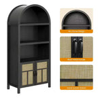 Mobile contenitore alto in rattan con arco da 70", credenza bohémien con ripiani regolabili, mobile dispensa alto, nero