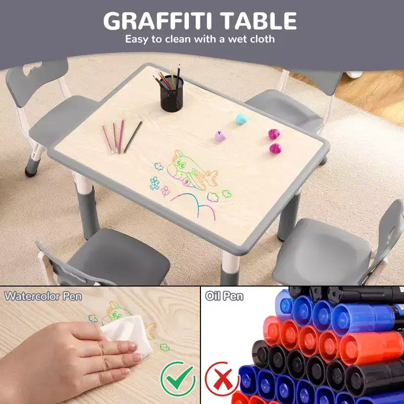 Tavolo e 4 sedie regolabili per bambini, antiscivolo, scrivania multiattività antigraffiti, per bambini dai 2 ai 10 anni