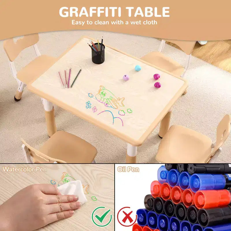Tavolo e 4 sedie regolabili per bambini, antiscivolo, scrivania multiattività antigraffiti, per bambini dai 2 ai 10 anni