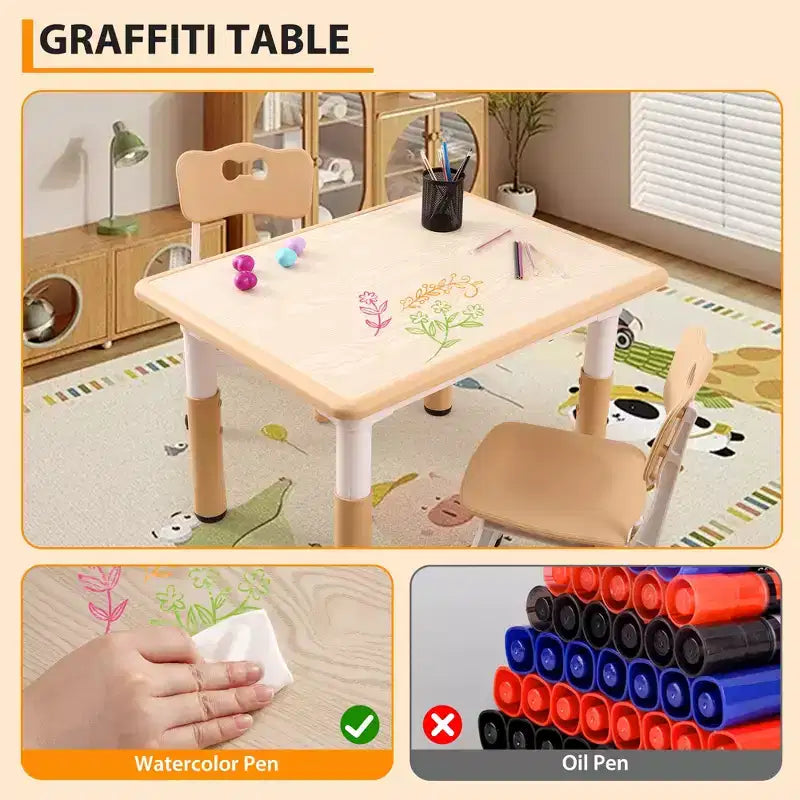 Tavolo e 4 sedie regolabili per bambini, antiscivolo, scrivania multiattività antigraffiti, per bambini dai 2 ai 10 anni
