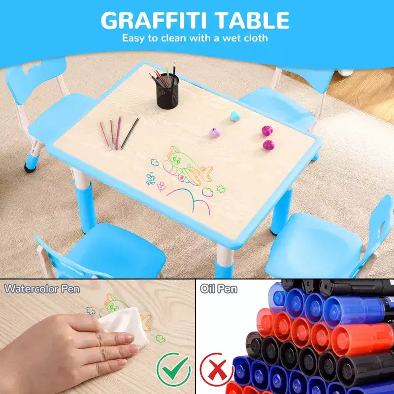 Tavolo e 4 sedie regolabili per bambini, antiscivolo, scrivania multiattività antigraffiti, per bambini dai 2 ai 10 anni