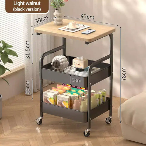 Carrello multiuso a 3 ripiani con piano in legno di noce, organizer multiuso su ruote per snack, caffè e trucchi, struttura in metallo con ruote bloccabili