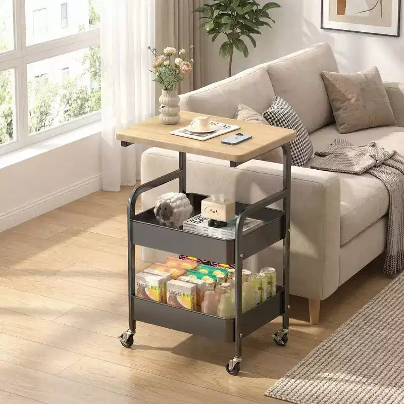 Carrello multiuso a 3 ripiani con piano in legno di noce, organizer multiuso su ruote per snack, caffè e trucchi, struttura in metallo con ruote bloccabili