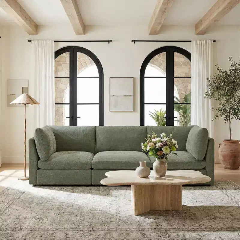 Divano componibile modulare da 355 cm con pouf contenitore, divano a nuvola a forma di U con seduta profonda 56 cm, moderno divano componibile in ciniglia per soggiorno