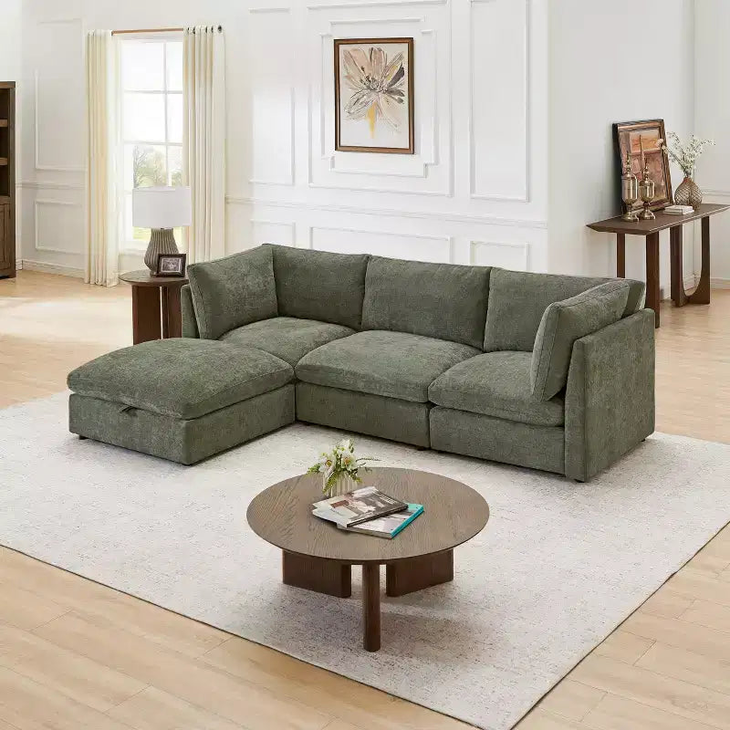 Divano componibile modulare da 355 cm con pouf contenitore, divano a nuvola a forma di U con seduta profonda 56 cm, moderno divano componibile in ciniglia per soggiorno