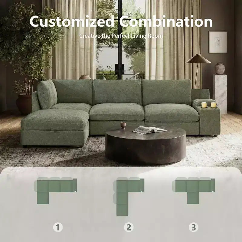 Divano componibile modulare da 355 cm con pouf contenitore, divano a nuvola a forma di U con seduta profonda 56 cm, moderno divano componibile in ciniglia per soggiorno