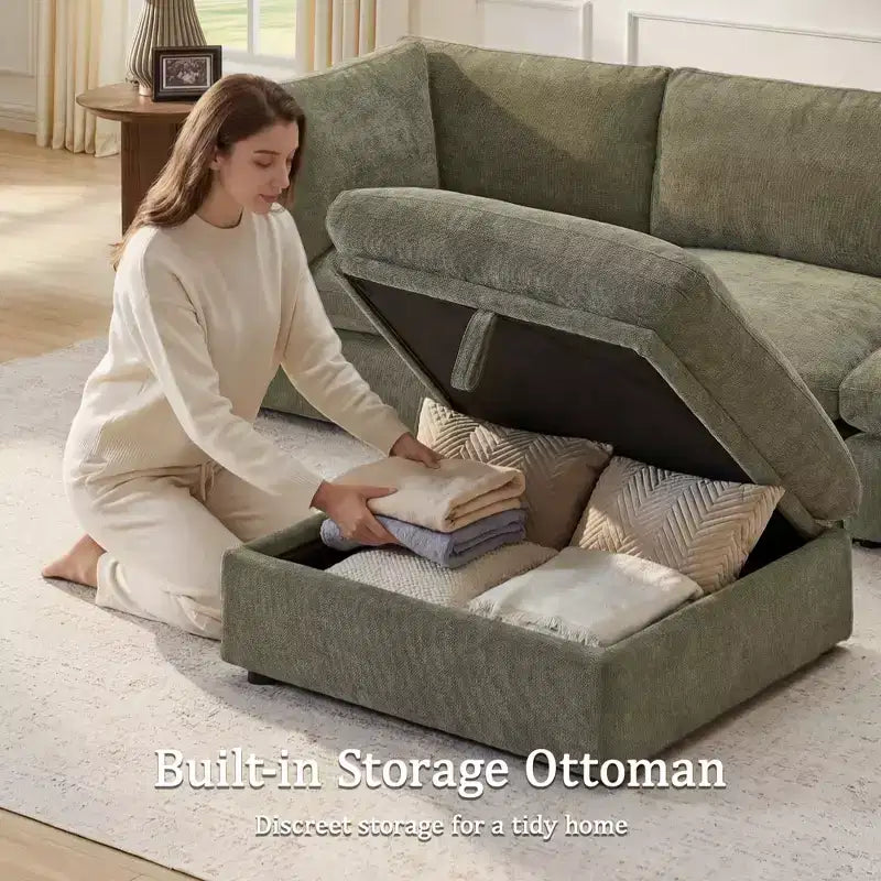 Divano componibile modulare da 355 cm con pouf contenitore, divano a nuvola a forma di U con seduta profonda 56 cm, moderno divano componibile in ciniglia per soggiorno