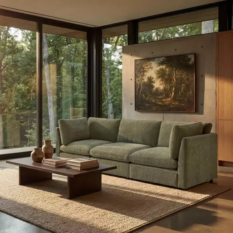 Divano componibile modulare da 355 cm con pouf contenitore, divano a nuvola a forma di U con seduta profonda 56 cm, moderno divano componibile in ciniglia per soggiorno