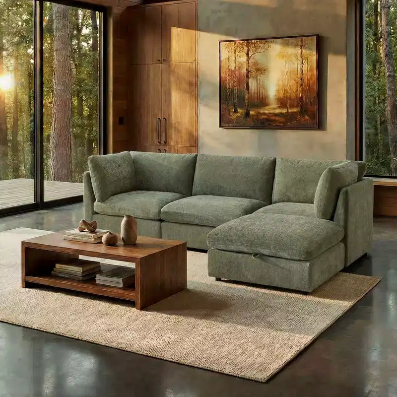 Divano componibile modulare da 355 cm con pouf contenitore, divano a nuvola a forma di U con seduta profonda 56 cm, moderno divano componibile in ciniglia per soggiorno