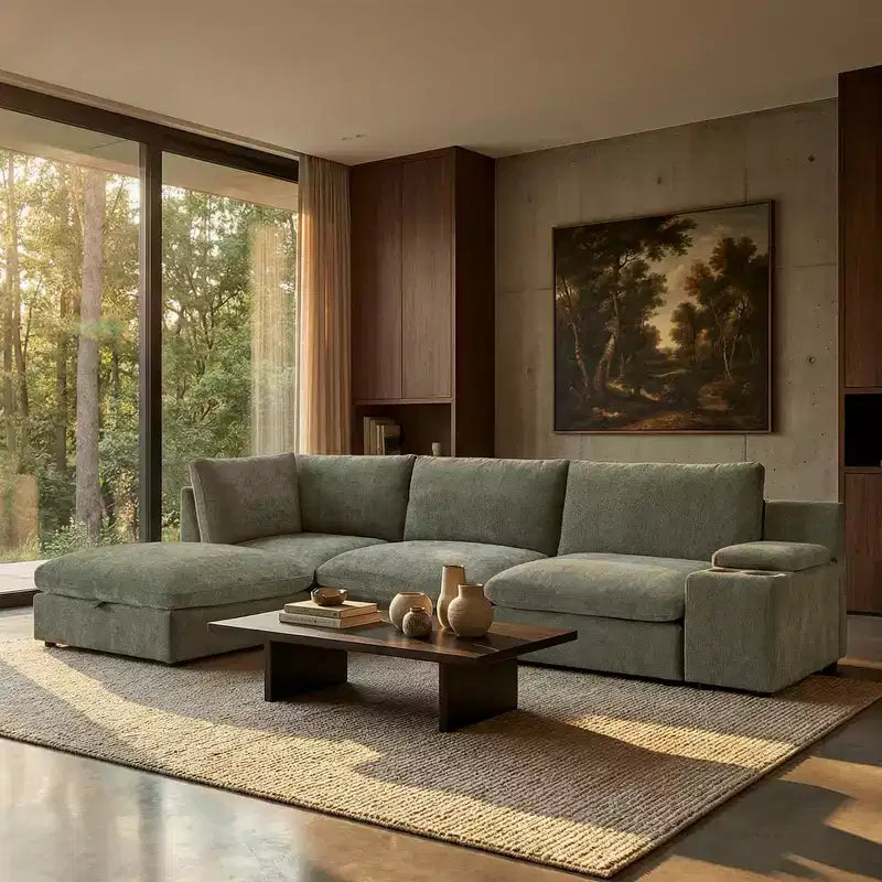Divano componibile modulare da 355 cm con pouf contenitore, divano a nuvola a forma di U con seduta profonda 56 cm, moderno divano componibile in ciniglia per soggiorno