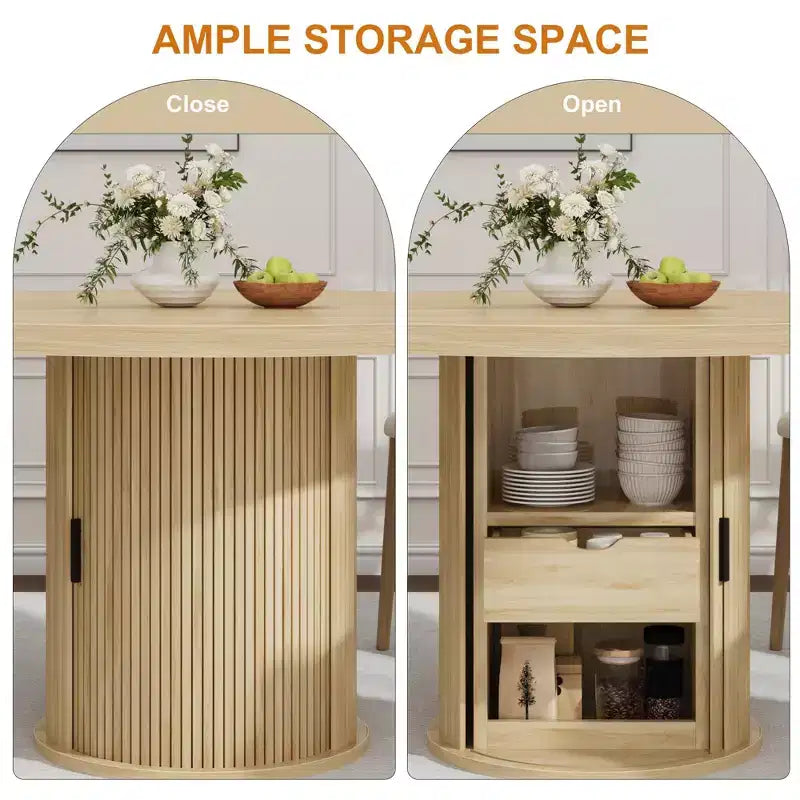 Tavolo rotondo da pranzo 47" per 4 persone con ripiano portaoggetti e cassetto - Tavolo circolare in stile rustico con ante scorrevoli, Legno naturale, Soggiorno