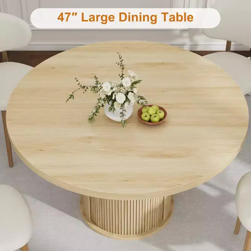 Tavolo rotondo da pranzo 47" per 4 persone con ripiano portaoggetti e cassetto - Tavolo circolare in stile rustico con ante scorrevoli, Legno naturale, Soggiorno