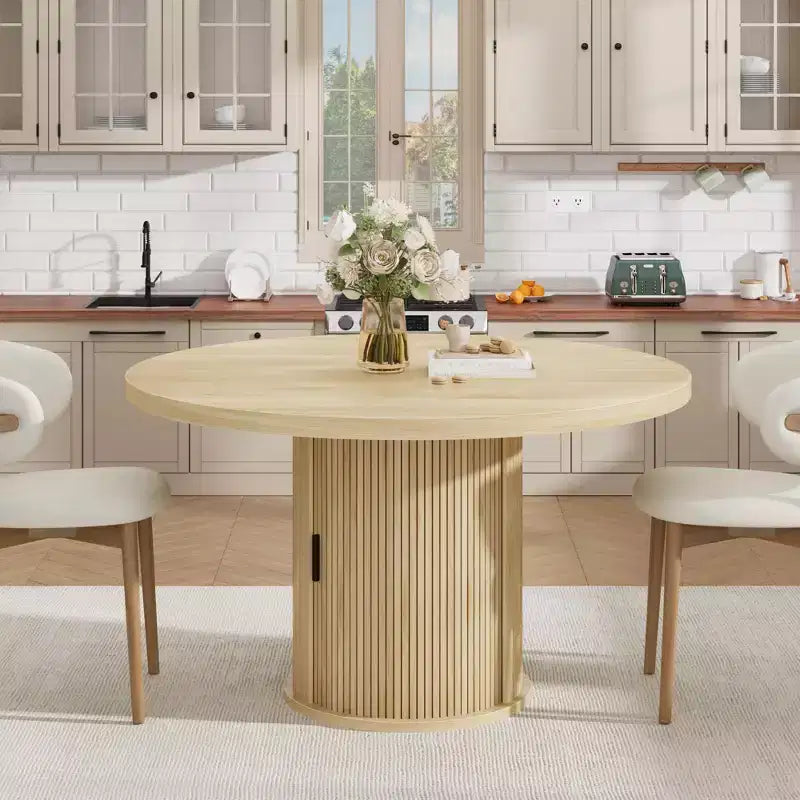 Tavolo rotondo da pranzo 47" per 4 persone con ripiano portaoggetti e cassetto - Tavolo circolare in stile rustico con ante scorrevoli, Legno naturale, Soggiorno