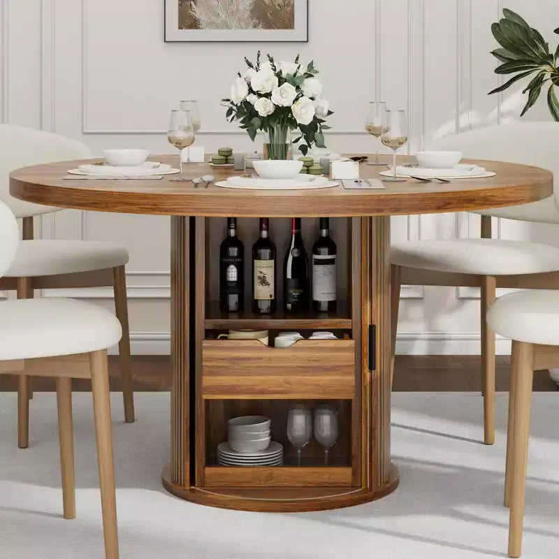Tavolo rotondo da pranzo 47" per 4 persone con ripiano portaoggetti e cassetto - Tavolo circolare in stile rustico con ante scorrevoli, Legno naturale, Soggiorno