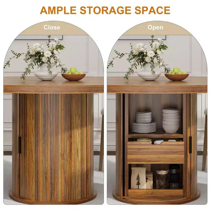 Tavolo rotondo da pranzo 47" per 4 persone con ripiano portaoggetti e cassetto - Tavolo circolare in stile rustico con ante scorrevoli, Legno naturale, Soggiorno