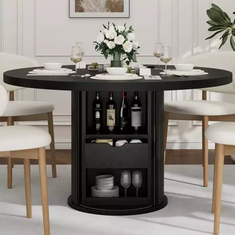 Tavolo rotondo da pranzo 47" per 4 persone con ripiano portaoggetti e cassetto - Tavolo circolare in stile rustico con ante scorrevoli, Legno naturale, Soggiorno