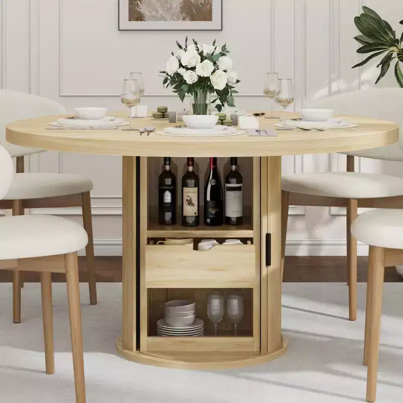 Tavolo rotondo da pranzo 47" per 4 persone con ripiano portaoggetti e cassetto - Tavolo circolare in stile rustico con ante scorrevoli, Legno naturale, Soggiorno