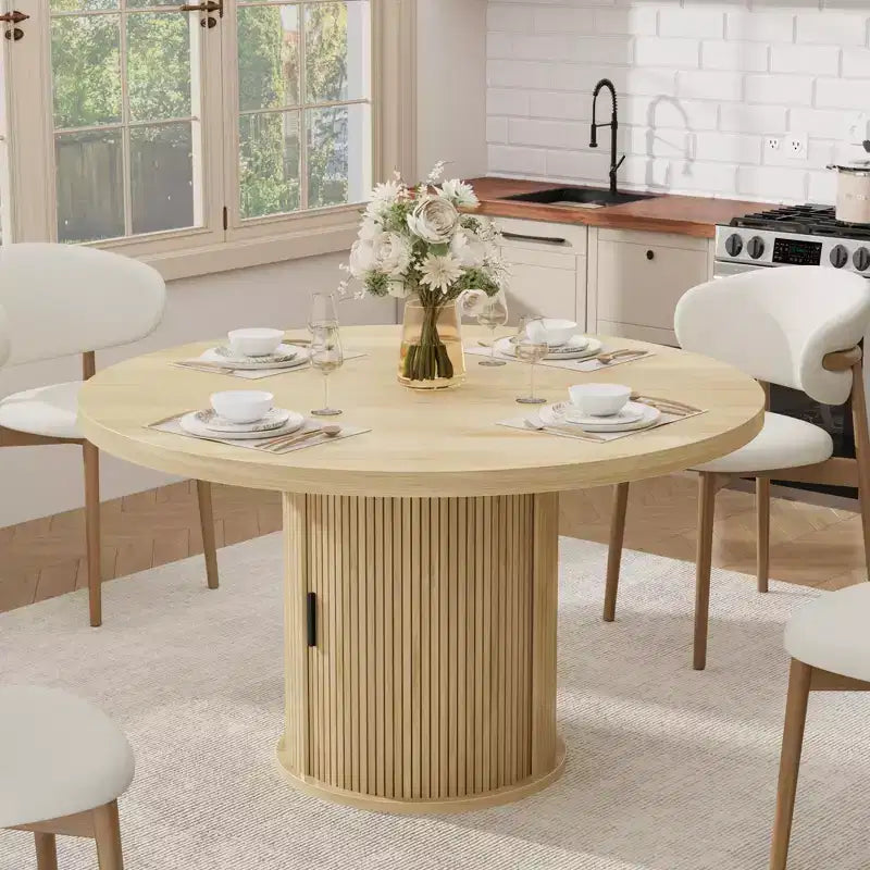 Tavolo rotondo da pranzo 47" per 4 persone con ripiano portaoggetti e cassetto - Tavolo circolare in stile rustico con ante scorrevoli, Legno naturale, Soggiorno