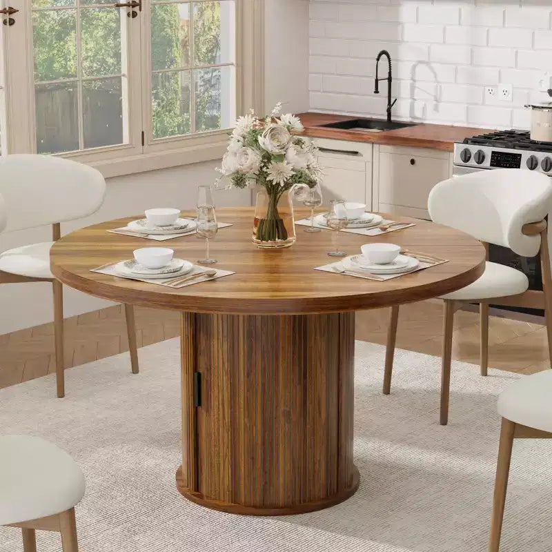 Tavolo rotondo da pranzo 47" per 4 persone con ripiano portaoggetti e cassetto - Tavolo circolare in stile rustico con ante scorrevoli, Legno naturale, Soggiorno