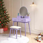 Modern Makeup Vanity Desk with Round Mirror, Organized Storage, Matching Stool for Bedroom, Purple Finish, Space-Saving Design