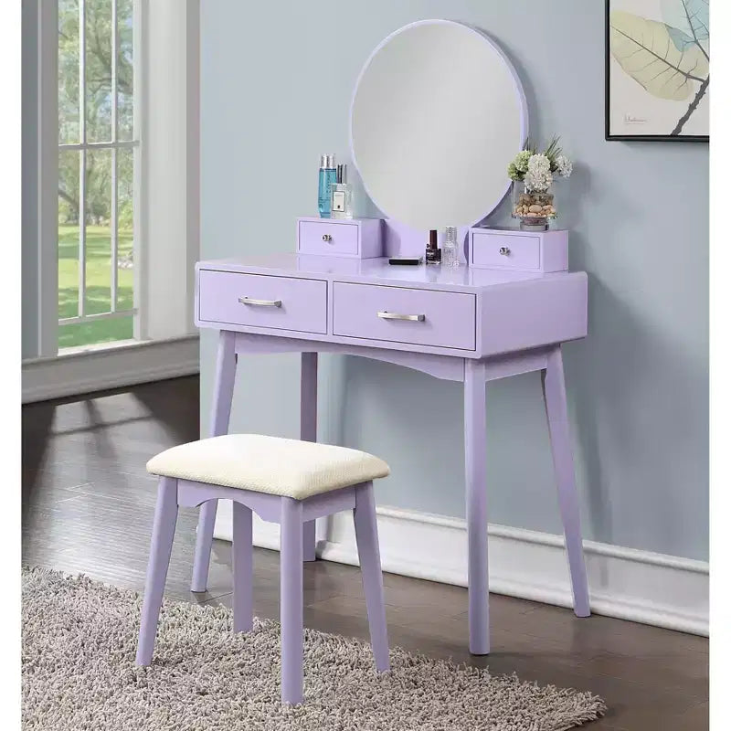 Moderna toeletta trucco con specchio rotondo, contenitori organizzati, sgabello abbinato per camera da letto, finitura viola, design salvaspazio