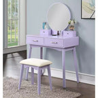 Moderna toeletta trucco con specchio rotondo, contenitori organizzati, sgabello abbinato per camera da letto, finitura viola, design salvaspazio