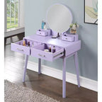 Moderna toeletta trucco con specchio rotondo, contenitori organizzati, sgabello abbinato per camera da letto, finitura viola, design salvaspazio