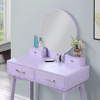 Moderna toeletta trucco con specchio rotondo, contenitori organizzati, sgabello abbinato per camera da letto, finitura viola, design salvaspazio